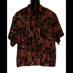 Vintage MONTELLO Men's Black Green Red Geo Print Short Sleeve Button Up Shirt XL